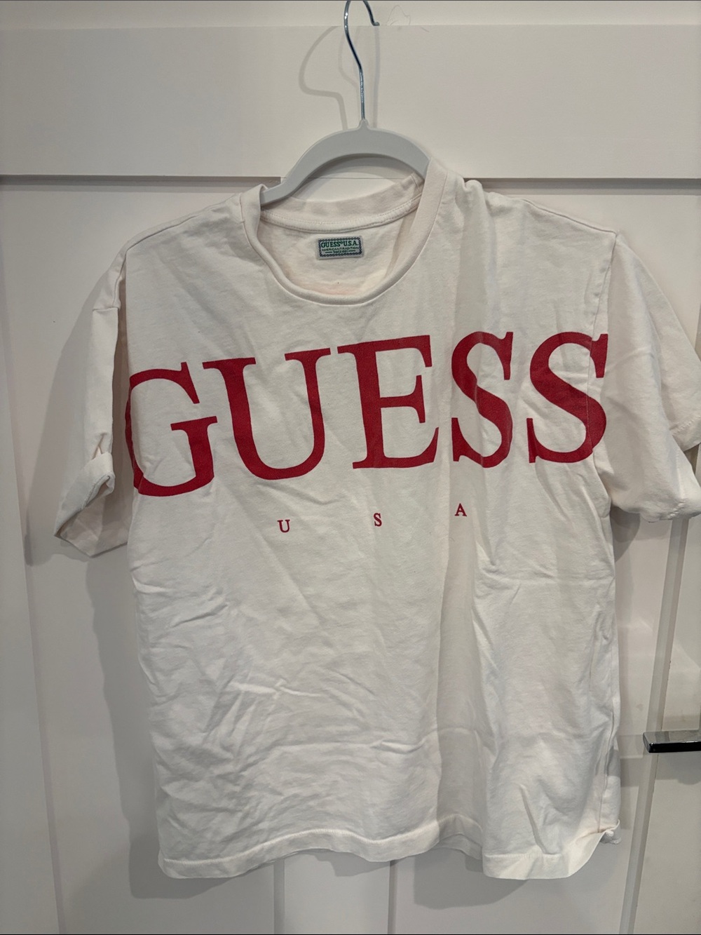 Guess White Short Sleeve Tee with Red Logo Print